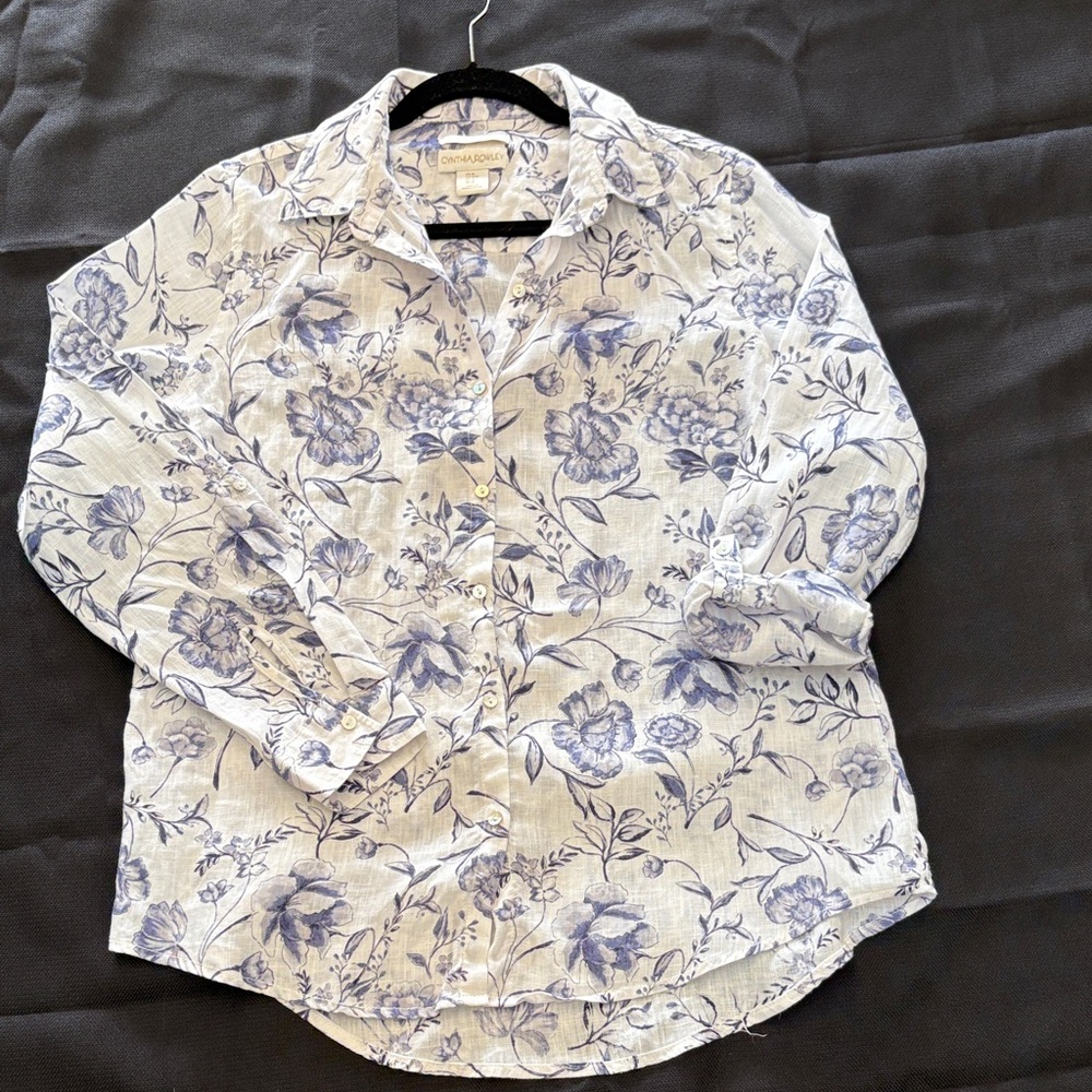 Cynthia Rowley White and Blue Floral Button-Down Shirt